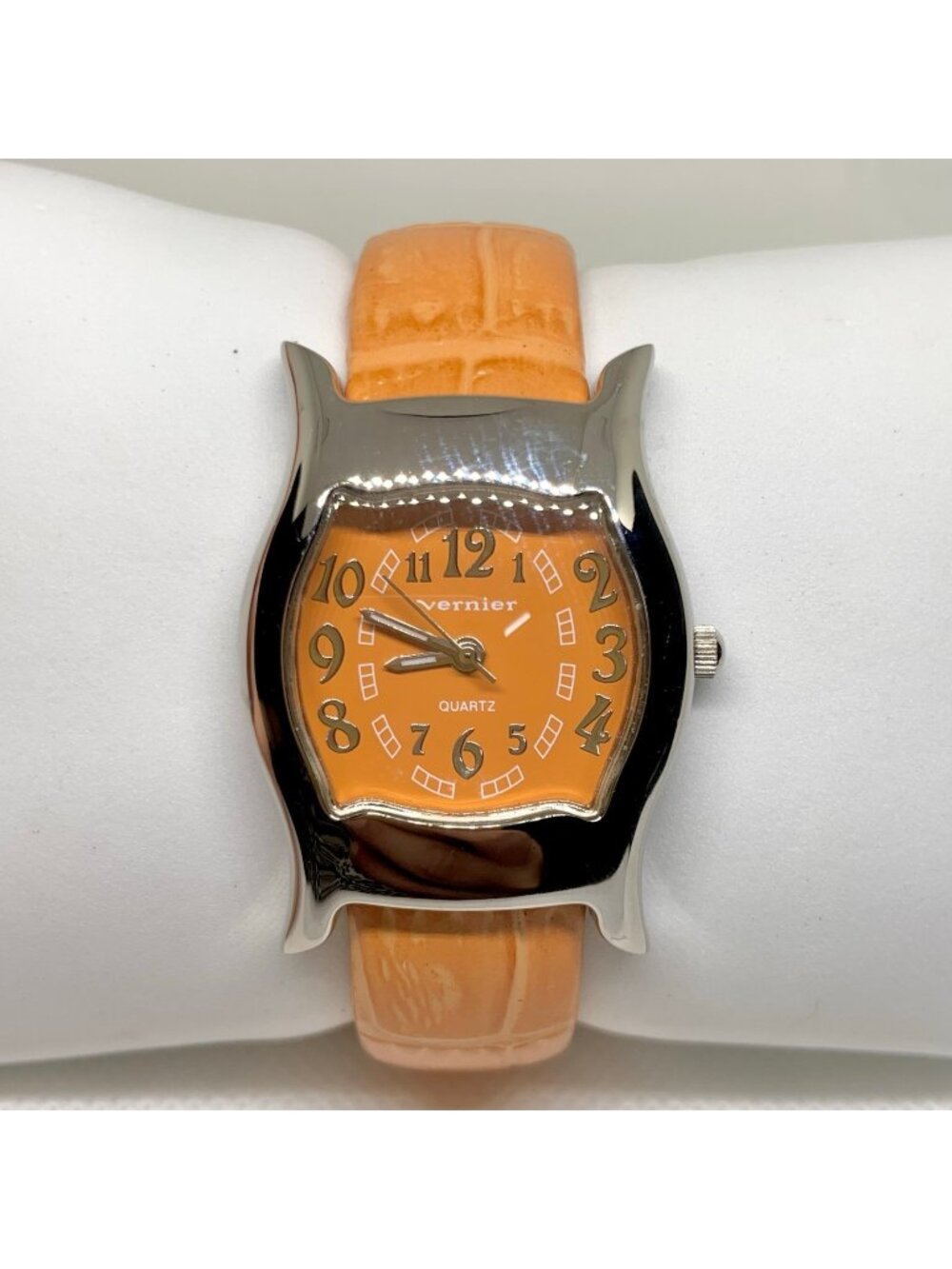 Vernier women’s cuff bracelet watch silver orange tone 28mm quartz 6.5” running